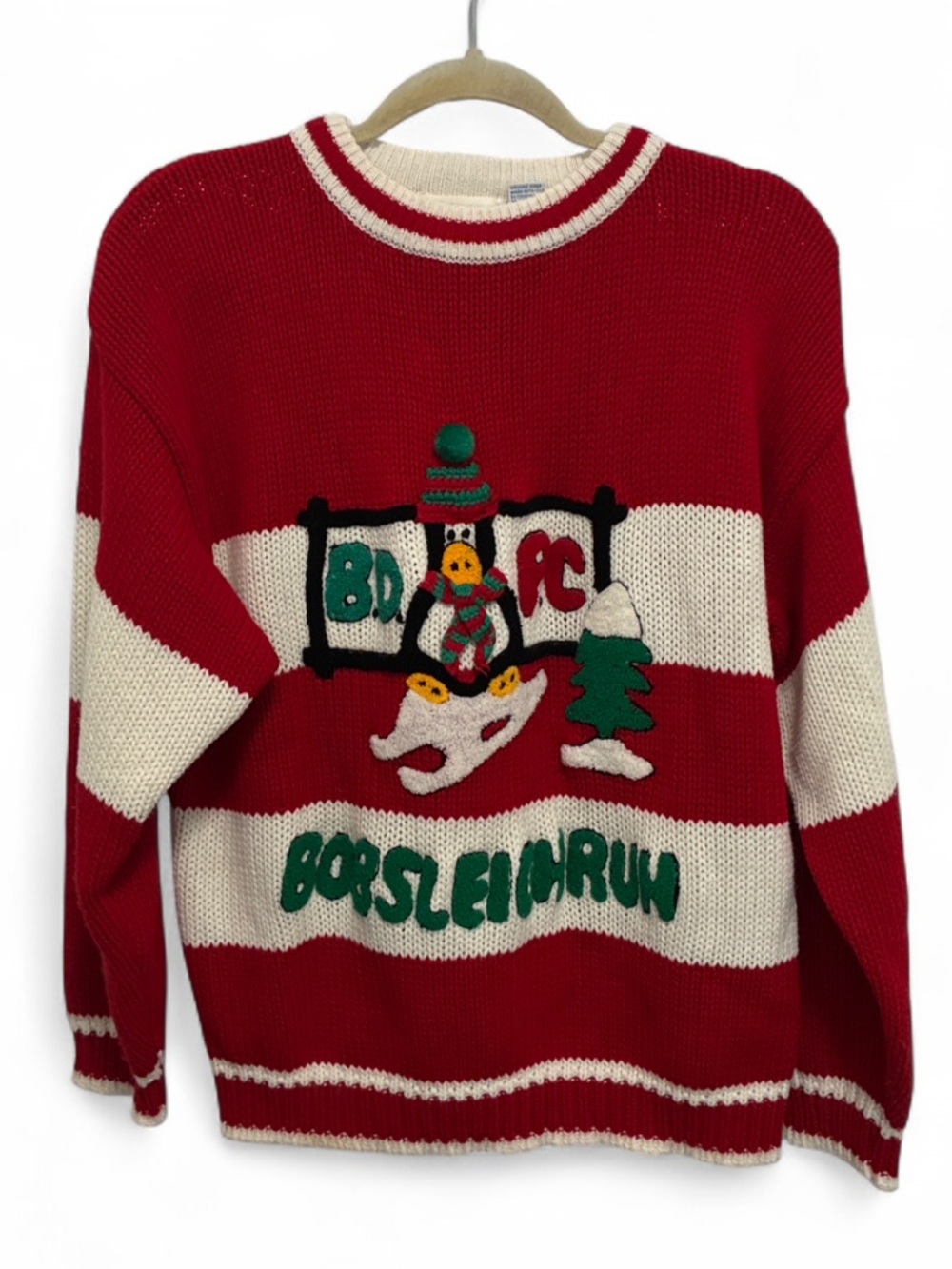 Vintage Red and White Striped Holiday Sweater with Festive Penguin Applique